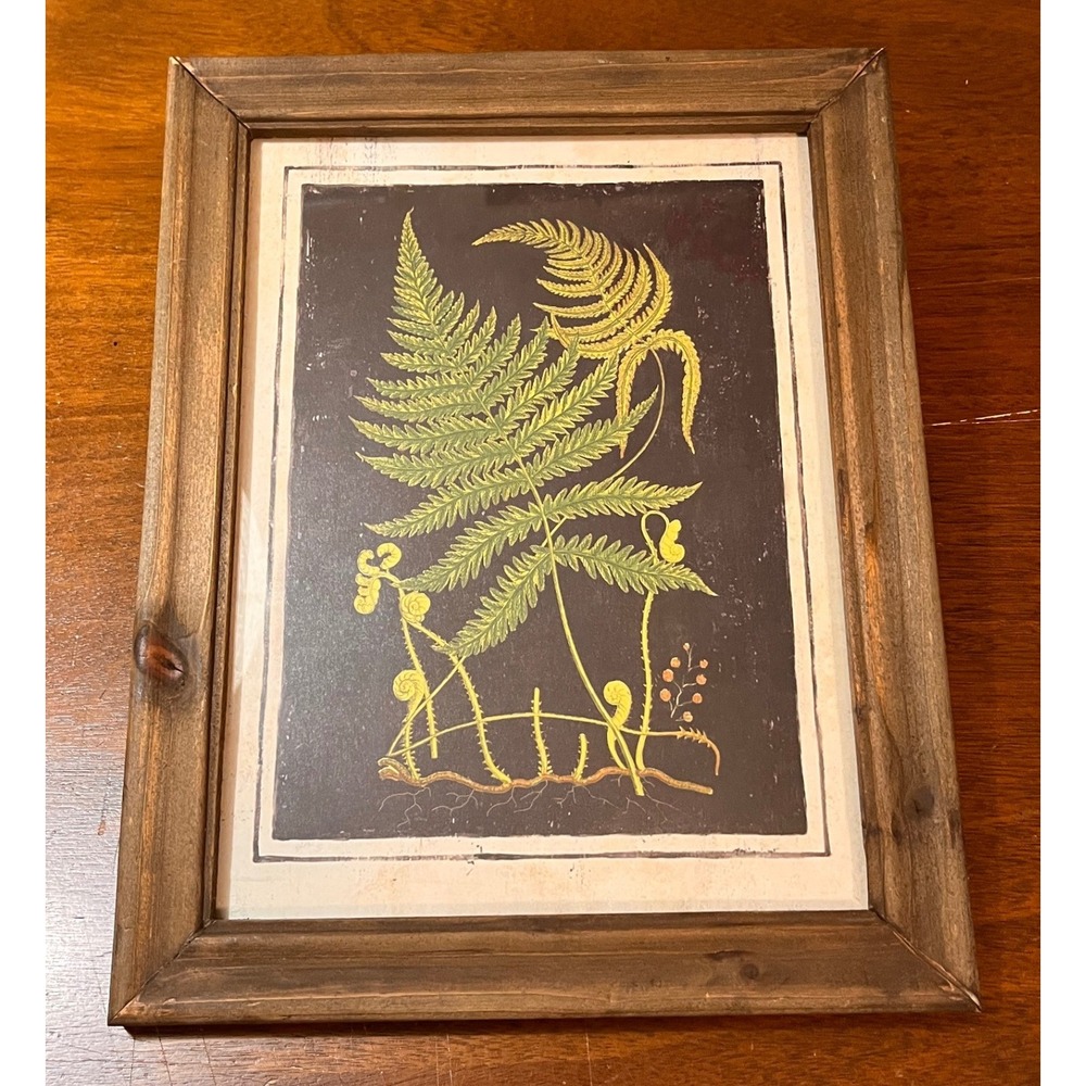 Vintage Style Botanical Fern Print Framed Rustic Wood Wall Art Green Gold 9.5x12